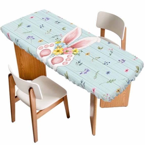 Easter Table Cloths for 8 Foot Rectangle Tables, Spring Rabbits Ears Feet Flowers Wooden Grain Patio Waterproof Elastic Fitted Tablecloths, Washable Rectangular Table Cover for Camping