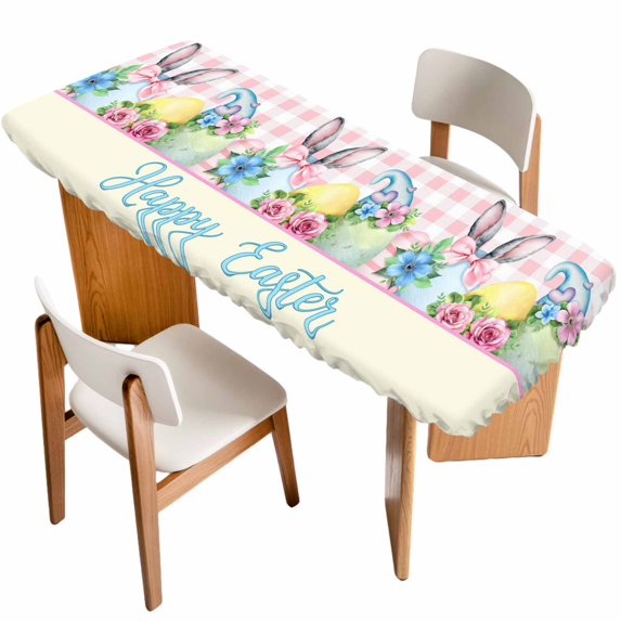 Easter Table Cloths for 8 Foot Rectangle Tables, Spring Watercolor Bunny Eggs Flowers Pink Plaid Patio Waterproof Elastic Fitted Tablecloths, Washable Rectangular Table Cover for Camping