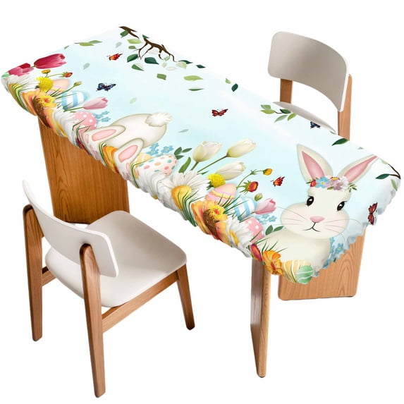Easter Table Cloths for 8 Foot Rectangle Tables, Spring Watercolor Bunny Eggs Tulip Flower Plant Patio Waterproof Elastic Fitted Tablecloths, Washable Rectangular Table Cover for Camping