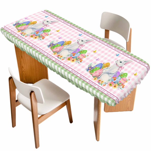 Easter Table Cloths for 8 Foot Rectangle Tables, Spring Watercolor Easter Eggs Bunny Pink Green Plaid Patio Waterproof Elastic Fitted Tablecloths, Washable Rectangular Table Cover for Camping