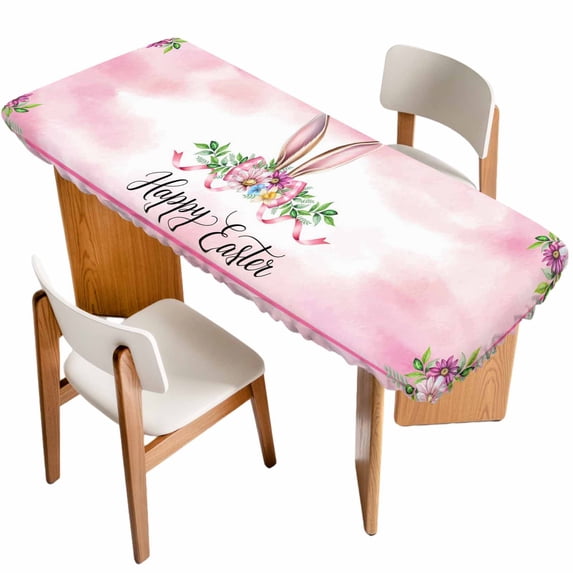 Easter Table Cloths for 8 Foot Rectangle Tables, Spring Watercolor Flower Leaf Plant Pink Patio Waterproof Elastic Fitted Tablecloths, Washable Rectangular Table Cover for Camping