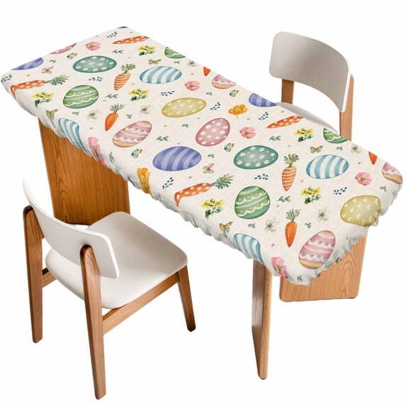 Easter Table Cloths for 8 Foot Rectangle Tables, Striped Colorful Eggs Spring Vintage Botanical Patio Waterproof Elastic Fitted Tablecloths, Washable Rectangular Table Cover for Camping