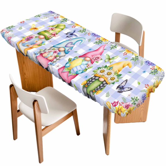 Easter Table Cloths for 8 Foot Rectangle Tables, Watercolor Gnomes Eggs Flowers Butterflies Purple Plaid Patio Waterproof Elastic Fitted Tablecloths, Washable Rectangular Table Cover for Camping