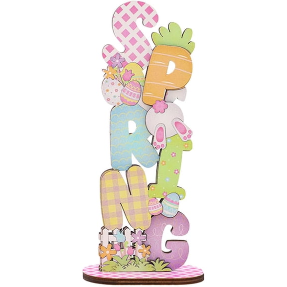 Easter Table Decorations Wooden Bunny Freestanding Table Centerpiece Signs Colorful Spring Easter Letter Blocks with Base Easter Egg Bunny Plaque Ornament for Home Kitchen Tiered Tray Decor (B)