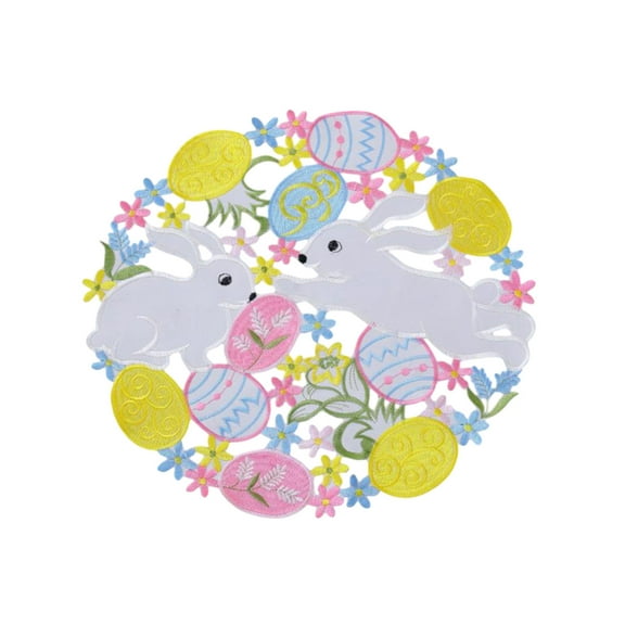 Easter Table Placemats 13.7", Embroidered Bunny & Eggs Place mats for Dining Table, Cute Round Doilies for Spring Home Decor, Easter Table Mats with Rabbits and Flowers Plants