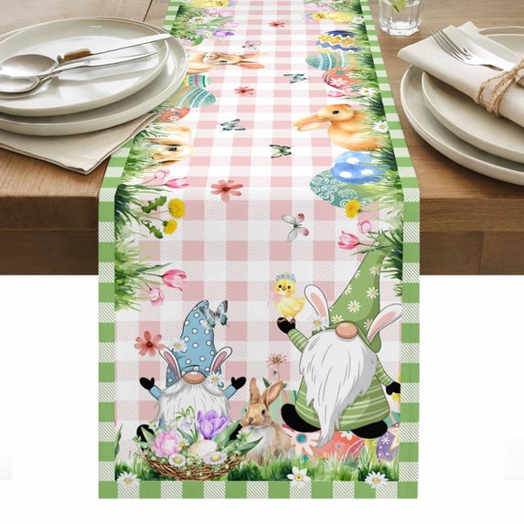 Easter Table Runner - 120 Inch Long, Kitchen Dining Table Runner Dresser Scarves, Spring Gnomes Floral Bunny Duck Green Pink Plaid Farmhouse Decor for Coffee Tables Wedding Party Banquet