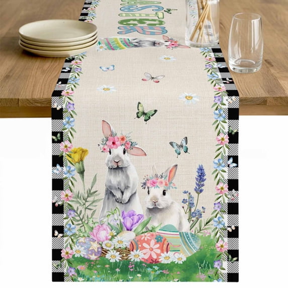 Easter Table Runner 120 Inches Long Farmhouse Dress Scarves, Spring Rustic Rabbit Botanical Flowers Eggs Plaid Dining Tablerunner for Coffee Table/Kitchen Island/Party Décor, 13" x 120"
