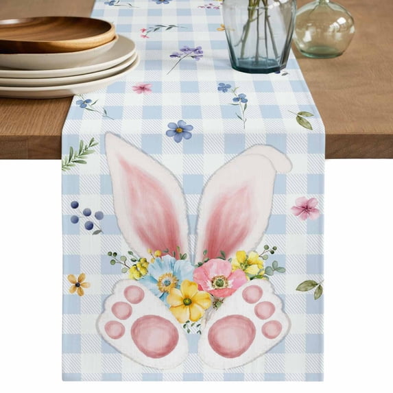 Easter Table Runner 120 Inches, Spring Rabbits Ears Feet Floral Blue Lattice Bed Runner Dresser Scarves Tabletop for Indoor Outdoor Parties/Ceremony/Banquet, 13"x 120"