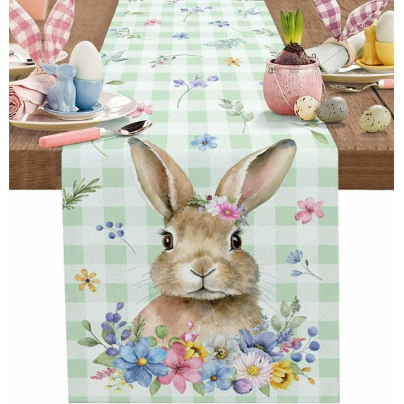 Easter Table Runner 13.8x71 Inches Long Floral Bunny Runner for Table Rabbit Green Buffalo Plaid Table Runners Washable Dresser Scarf for Kitchen Coffee Dining Seasonal Spring Holiday Party Decor