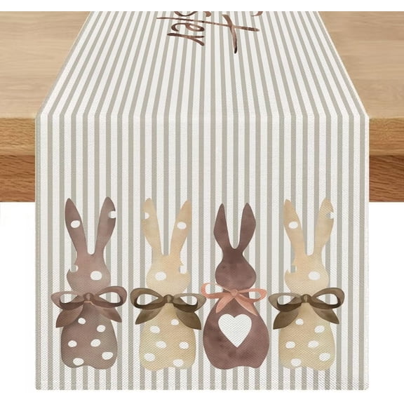 Easter Table Runner 13x72 Inches Long Bunny Rabbit Table Runner Modern Beige Stripes Seasonal Spring Table Runner Washable Linen Look Dining Table Decoration for Living Room Party Picnics