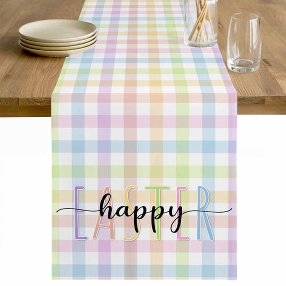 Easter Table Runner - 36 Inch Long Colorful Checkered Plaid Spring Gingham Textured Cotton and Linen Blended Dress Scarves Farmhouse Table Runner for Kitchen Dining, Coffee Table, 13" x 36"