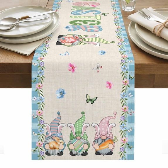 Easter Table Runner - 36 Inch Long, Kitchen Dining Table Runner Dresser Scarves, Spring Gnomes Flowers Rabbit Eggs Blue Check Farmhouse Decor for Coffee Tables Wedding Party Banquet