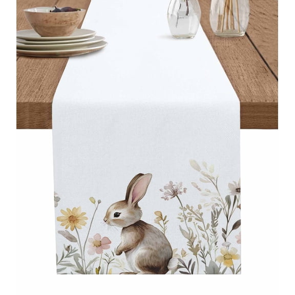 Easter Table Runner 36 Inches, Farmhouse Watercolor Rabbit Flowers Herbs Bed Runner Dresser Scarves Tabletop for Indoor Outdoor Parties/Ceremony/Banquet, 13"x 36"