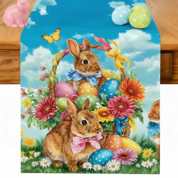 Easter Table Runner 36 Inches Long for Kitchen Dining, Country Spring Rabbit Flowers Eggs Blue Sky Dresser Scarf Farmhouse, Dining Table Decorations for Wedding/Parties, 13 x 36 In