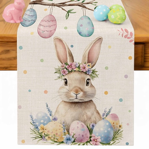 Easter Table Runner 36 Inches Long for Kitchen Dining, Retro Spring Bunny Eggs Flowers Tree Branch Dresser Scarf Farmhouse, Dining Table Decorations for Wedding/Parties, 13 x 36 In