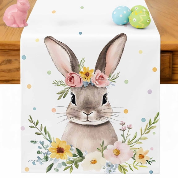 Easter Table Runner 36 Inches Long for Kitchen Dining, Spring Botanical Floral Wreath Bunny Animals Dresser Scarf Farmhouse, Dining Table Decorations for Wedding/Parties, 13 x 36 In