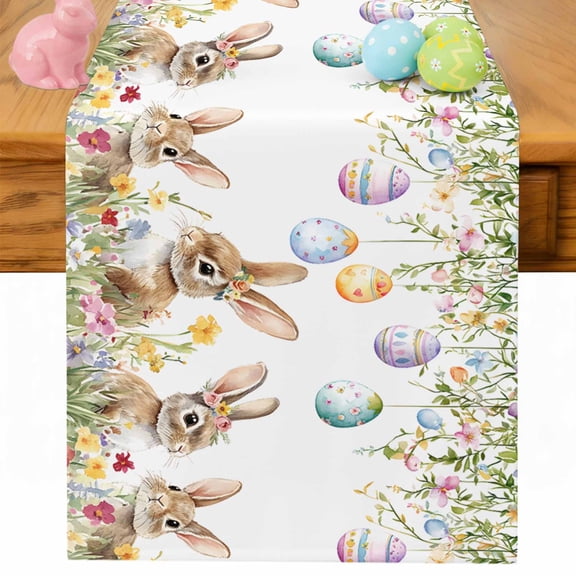 Easter Table Runner 36 Inches Long for Kitchen Dining, Spring Bunny Rabbit Colorful Eggs Floral Vines Dresser Scarf Farmhouse, Dining Table Decorations for Wedding/Parties, 13 x 36 In