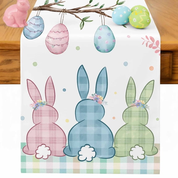 Easter Table Runner 36 Inches Long for Kitchen Dining, Spring Pastel Colorful Bunny Rabbit Eggs Plaid Dresser Scarf Farmhouse, Dining Table Decorations for Wedding/Parties, 13 x 36 In