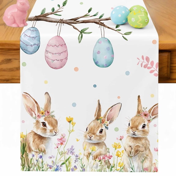 Easter Table Runner 36 Inches Long for Kitchen Dining, Spring Rabbit Eggs Tree Botanical Floral Herbs Dresser Scarf Farmhouse, Dining Table Decorations for Wedding/Parties, 13 x 36 In