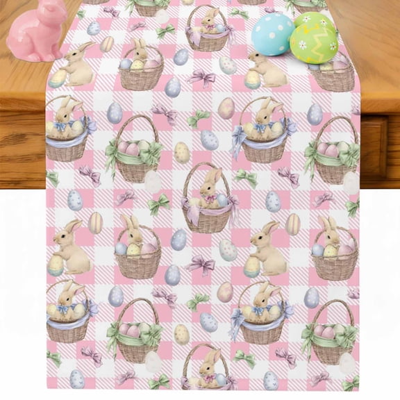 Easter Table Runner 36 Inches Long for Kitchen Dining, Spring Rabbits Baskets Eggs Bows Pink Plaid Dresser Scarf Farmhouse, Dining Table Decorations for Wedding/Parties, 13 x 36 In