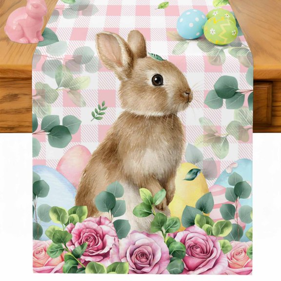 Easter Table Runner 36 Inches Long for Kitchen Dining, Spring Watercolor Bunny Eggs Flower Leaf Pink Plaid Dresser Scarf Farmhouse, Dining Table Decorations for Wedding/Parties, 13 x 36 In