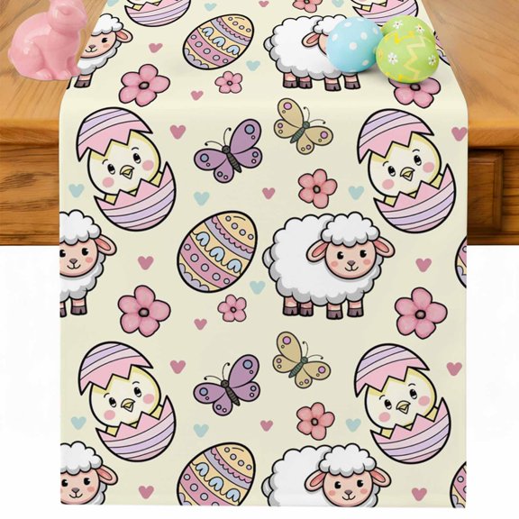 Easter Table Runner 36 Inches Long for Kitchen Dining, Yellow Spring Sheep Chickens Eggs Floral Butterfly Dresser Scarf Farmhouse, Dining Table Decorations for Wedding/Parties, 13 x 36 In