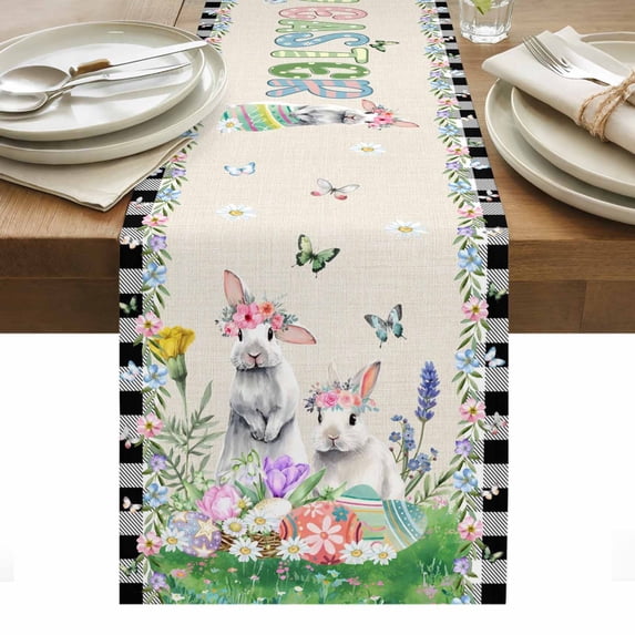 Easter Table Runner - 48 Inch Long, Kitchen Dining Table Runner Dresser Scarves, Country Rabbits Eggs Floral Leaves Butterfly Plaid Farmhouse Decor for Coffee Tables Wedding Party Banquet