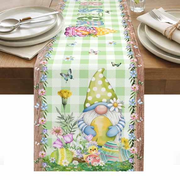 Easter Table Runner - 48 Inch Long, Kitchen Dining Table Runner Dresser Scarves, Gnomes Flowers Duck Eggs Green Lattice Wooden Farmhouse Decor for Coffee Tables Wedding Party Banquet