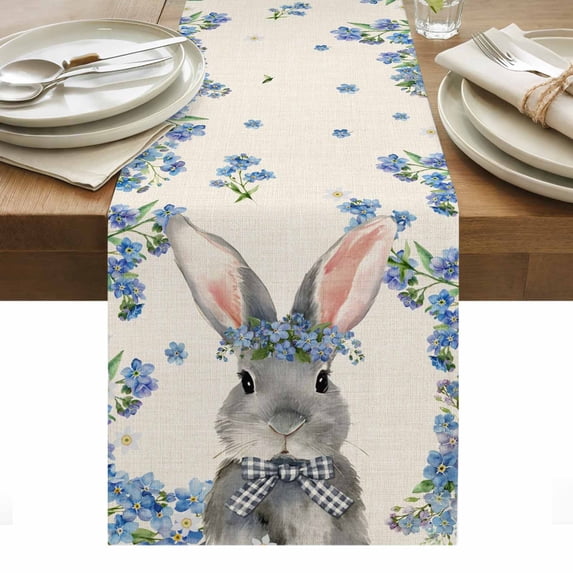 Easter Table Runner - 48 Inch Long, Kitchen Dining Table Runner Dresser Scarves, Spring Rabbit Blue Botanical Flowers Farmhouse Farmhouse Decor for Coffee Tables Wedding Party Banquet