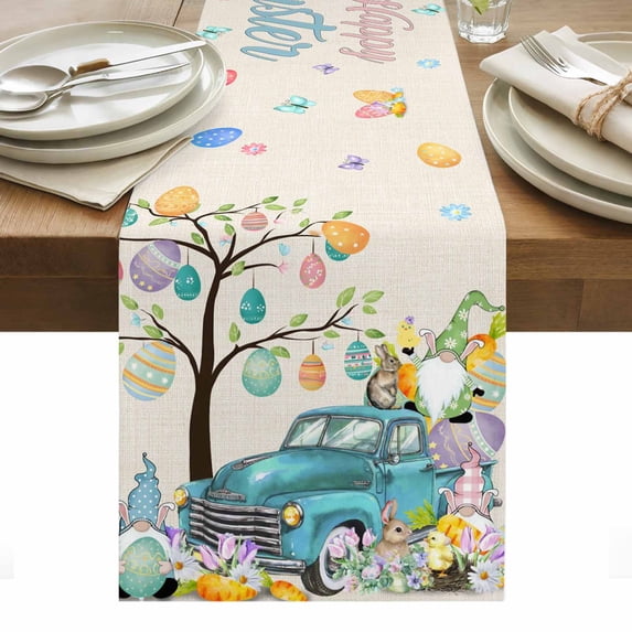 Easter Table Runner - 48 Inch Long, Kitchen Dining Table Runner Dresser Scarves, Turquoise Truck Colorful Eggs Tree Gnomes Rabbit Farmhouse Decor for Coffee Tables Wedding Party Banquet