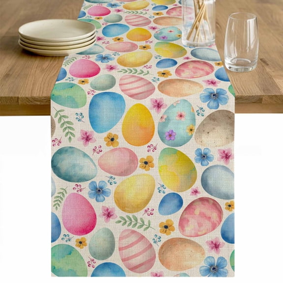 Easter Table Runner - 48 Inch Long Spring Colorful Eggs Flower Leaf Plant Beige Cotton and Linen Blended Dress Scarves Farmhouse Table Runner for Kitchen Dining, Coffee Table, 13" x 48"