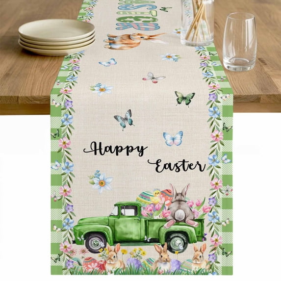 Easter Table Runner - 48 Inch Long Spring Truck Rabbit Flowers Eggs Green Check Cotton and Linen Blended Dress Scarves Farmhouse Table Runner for Kitchen Dining, Coffee Table, 13" x 48"