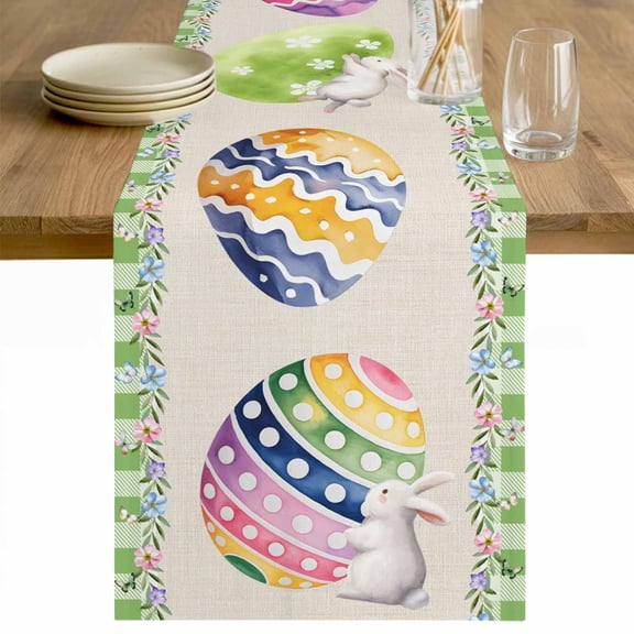 Easter Table Runner 48 Inches Long Farmhouse Dress Scarves, Colorful Eggs Bunny Floral Vines Green Plaid Dining Tablerunner for Coffee Table/Kitchen Island/Party Décor, 13" x 48"