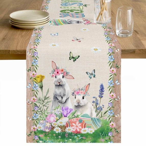 Easter Table Runner 48 Inches Long Farmhouse Dress Scarves, Farmhouse Bunny Colorful Eggs Flowers Plants Dining Tablerunner for Coffee Table/Kitchen Island/Party Décor, 13" x 48"