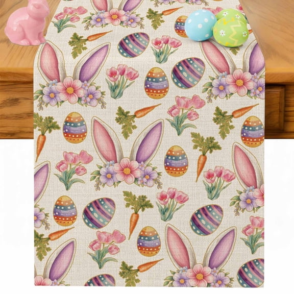 Easter Table Runner 48 Inches Long for Kitchen Dining, Country Floral Wreath Rabbit Ears Eggs Carrots Dresser Scarf Farmhouse, Dining Table Decorations for Wedding/Parties, 13 x 48 In
