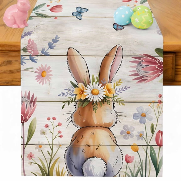 Easter Table Runner 48 Inches Long for Kitchen Dining, Spring Bunny Butterfly Botanical Wooden Grain Dresser Scarf Farmhouse, Dining Table Decorations for Wedding/Parties, 13 x 48 In