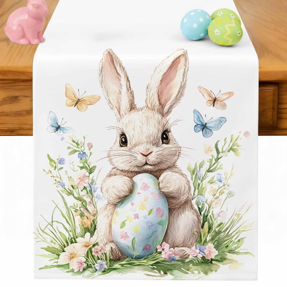 Easter Table Runner 48 Inches Long for Kitchen Dining, Spring Bunny Eggs Flowers Butterfly Herbs Rustic Dresser Scarf Farmhouse, Dining Table Decorations for Wedding/Parties, 13 x 48 In