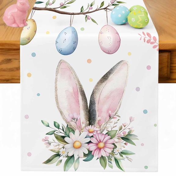 Easter Table Runner 48 Inches Long for Kitchen Dining, Spring Floral Wreath Bunny Ears Colorful Eggs Dresser Scarf Farmhouse, Dining Table Decorations for Wedding/Parties, 13 x 48 In