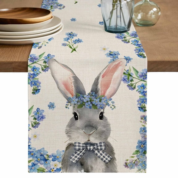 Easter Table Runner 48 Inches, Spring Rabbit Blue Botanical Flowers Farmhouse Bed Runner Dresser Scarves Tabletop for Indoor Outdoor Parties/Ceremony/Banquet, 13" x 48"