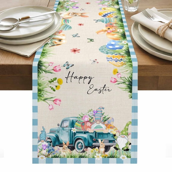 Easter Table Runner - 60 Inch Long, Kitchen Dining Table Runner Dresser Scarves, Blue Plaid Truck Eggs Bunny Spring Floral Gnomes Rustic Farmhouse Decor for Coffee Tables Wedding Party Banquet