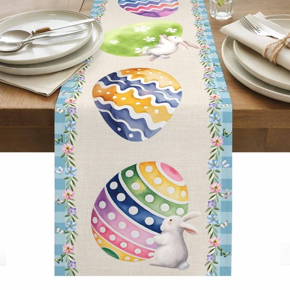 Easter Table Runner - 60 Inch Long, Kitchen Dining Table Runner Dresser Scarves, Colorful Eggs Rabbit Flowers Leaves Blue Plaid Farmhouse Decor for Coffee Tables Wedding Party Banquet