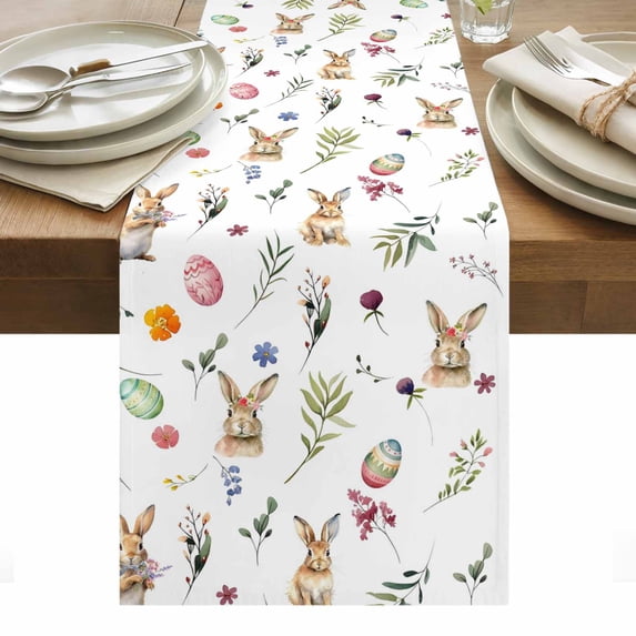 Easter Table Runner - 60 Inch Long, Kitchen Dining Table Runner Dresser Scarves, Spring Farmhouse Rabbits Eggs Leaves Flowers Farmhouse Decor for Coffee Tables Wedding Party Banquet