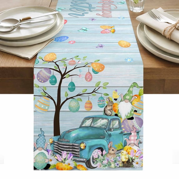 Easter Table Runner - 60 Inch Long, Kitchen Dining Table Runner Dresser Scarves, Turquoise Truck Eggs Gnomes Rabbit Wooden Grain Farmhouse Decor for Coffee Tables Wedding Party Banquet