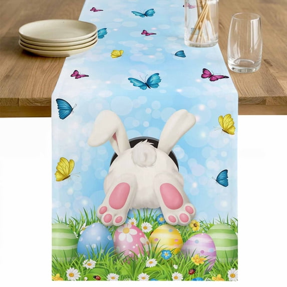 Easter Table Runner - 60 Inch Long Spring Colorful Easter Eggs Bunny Butterfly Blue Cotton and Linen Blended Dress Scarves Farmhouse Table Runner for Kitchen Dining, Coffee Table, 13" x 60"