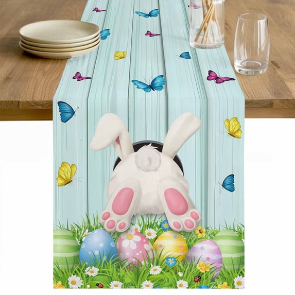 Easter Table Runner - 60 Inch Long Spring Easter Eggs Bunny Teal Wooden Grain Cotton and Linen Blended Dress Scarves Farmhouse Table Runner for Kitchen Dining, Coffee Table, 13" x 60"