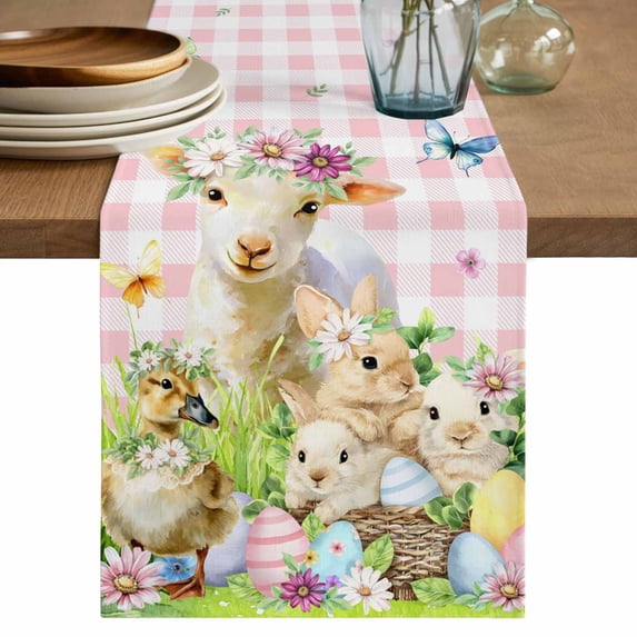 Easter Table Runner 60 Inches, Rabbit Sheep Eggs Butterfly Flowers Pink Grid Bed Runner Dresser Scarves Tabletop for Indoor Outdoor Parties/Ceremony/Banquet, 13" x 60"