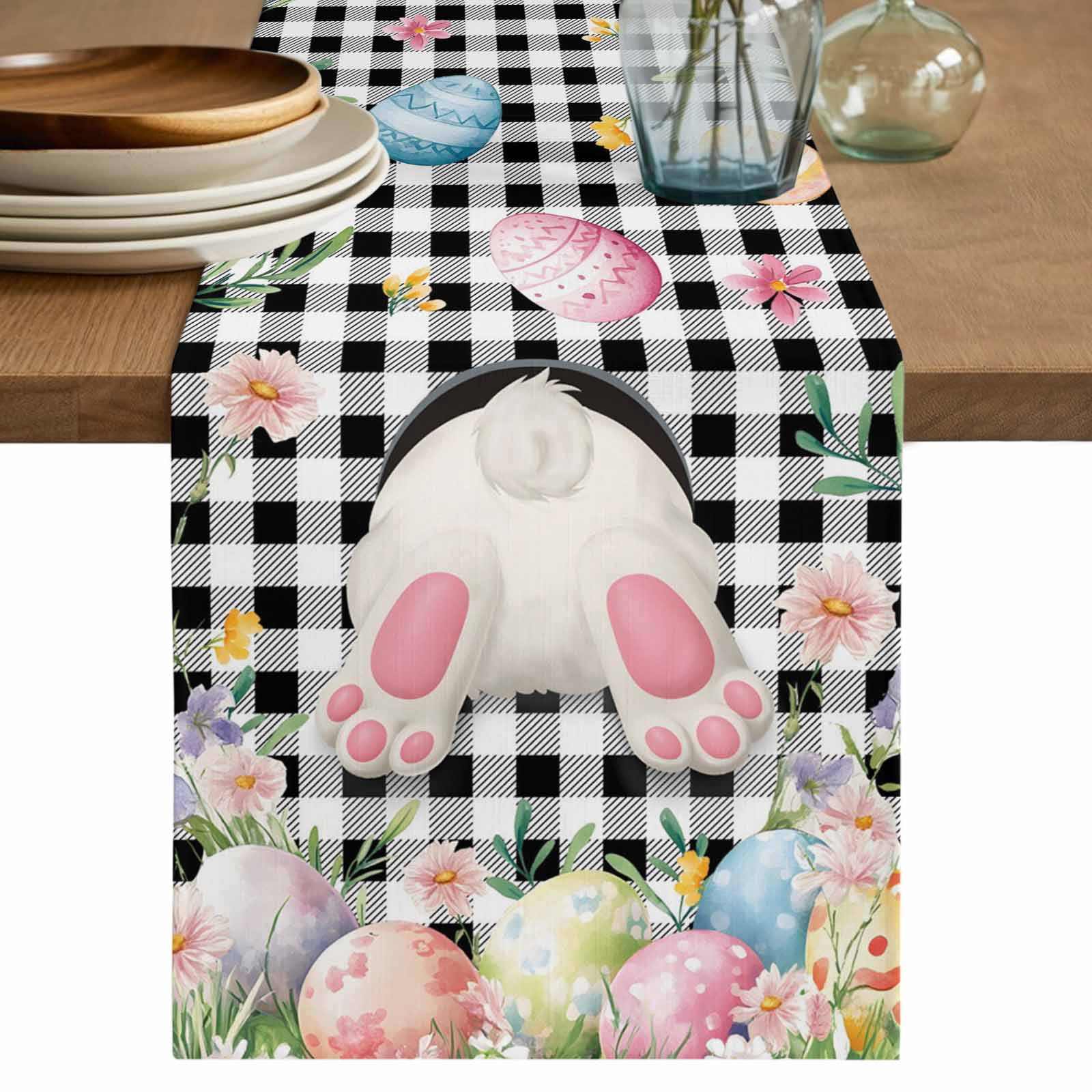 Easter Table Runner 60 Inches, Spring Bunny Feet Flowers Eggs Black ...