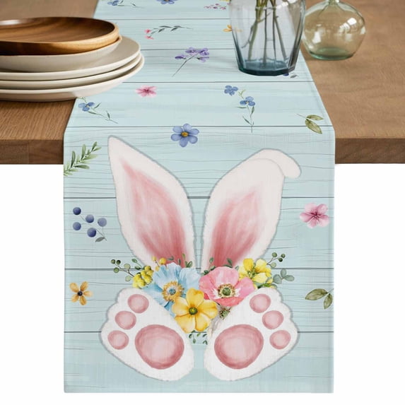 Easter Table Runner 60 Inches, Spring Rabbits Ears Feet Flowers Wooden Grain Bed Runner Dresser Scarves Tabletop for Indoor Outdoor Parties/Ceremony/Banquet, 13" x 60"
