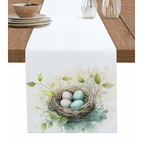 Easter Table Runner 60 Inches, Spring Watercolor Colorful Eggs Plants Leaves Bed Runner Dresser Scarves Tabletop for Indoor Outdoor Parties/Ceremony/Banquet, 13" x 60"
