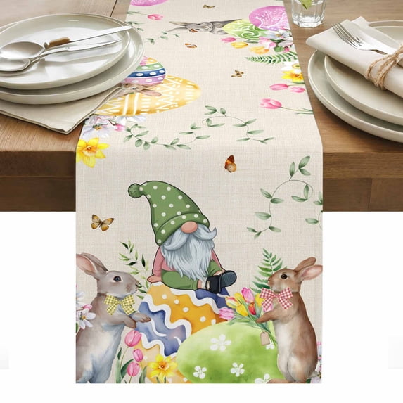 Easter Table Runner - 70 Inch Long, Kitchen Dining Table Runner Dresser Scarves, Eggs Gnomes Bunny Elegant Pastoral Rustic Farmhouse Decor for Coffee Tables Wedding Party Banquet